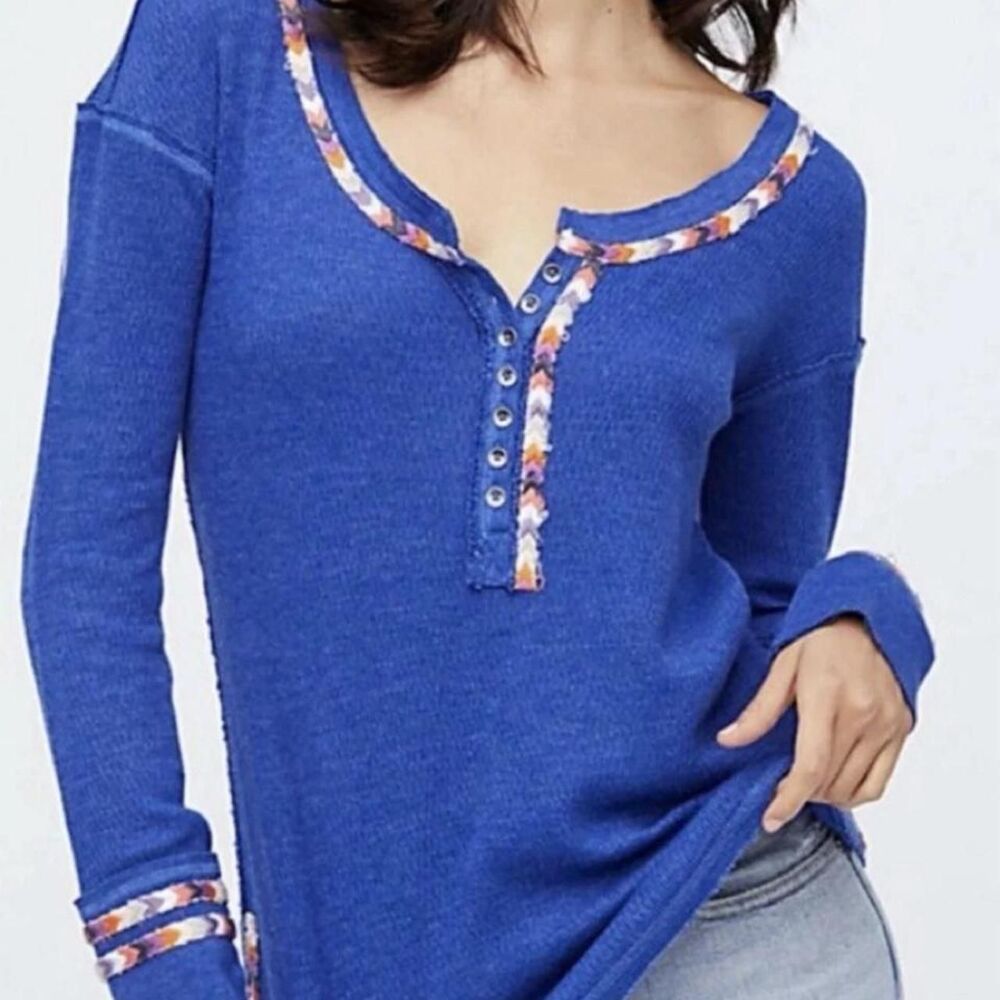 Free People We The Free Rainbow Thermal Henley Top XS Blue Boho